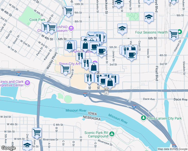 map of restaurants, bars, coffee shops, grocery stores, and more near 124 Pierce Street in Sioux City