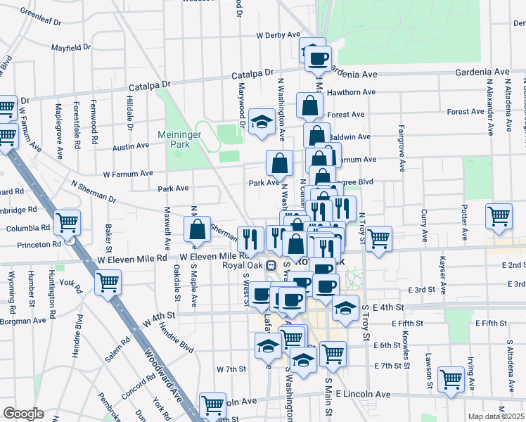 map of restaurants, bars, coffee shops, grocery stores, and more near 330 Oakland Avenue in Royal Oak