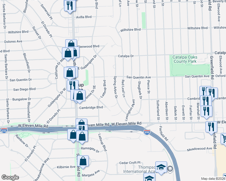 map of restaurants, bars, coffee shops, grocery stores, and more near 27405 Spring Arbor Drive in Southfield