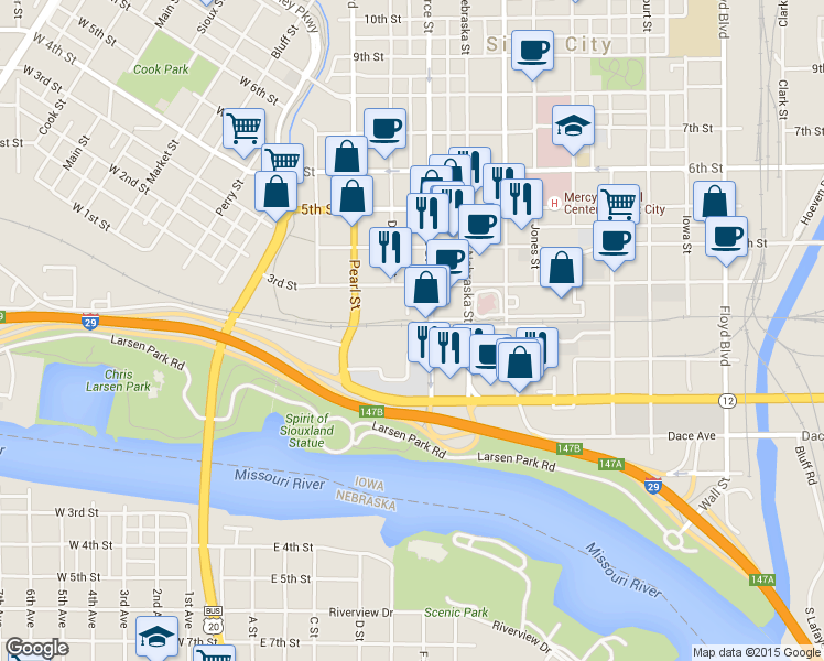 map of restaurants, bars, coffee shops, grocery stores, and more near 203 Pierce Street in Sioux City