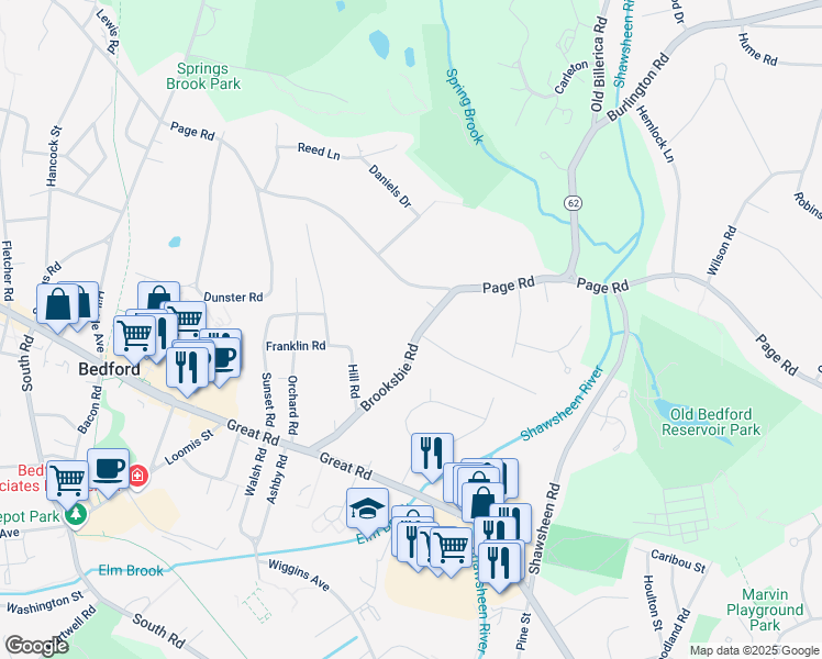 map of restaurants, bars, coffee shops, grocery stores, and more near 32 Brooksbie Road in Bedford