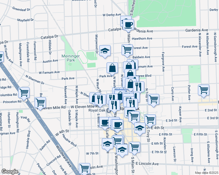 map of restaurants, bars, coffee shops, grocery stores, and more near 406 Oakland Avenue in Royal Oak