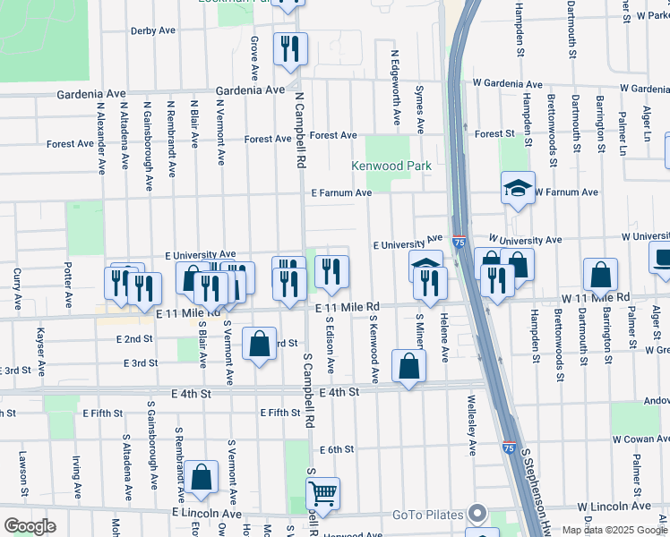 map of restaurants, bars, coffee shops, grocery stores, and more near 217 North Dorchester Avenue in Royal Oak