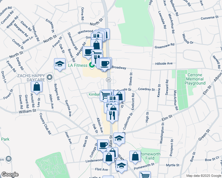 map of restaurants, bars, coffee shops, grocery stores, and more near 150 Main Street in Stoneham