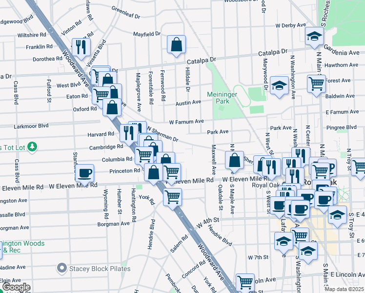map of restaurants, bars, coffee shops, grocery stores, and more near 1125 North Sherman Drive in Royal Oak
