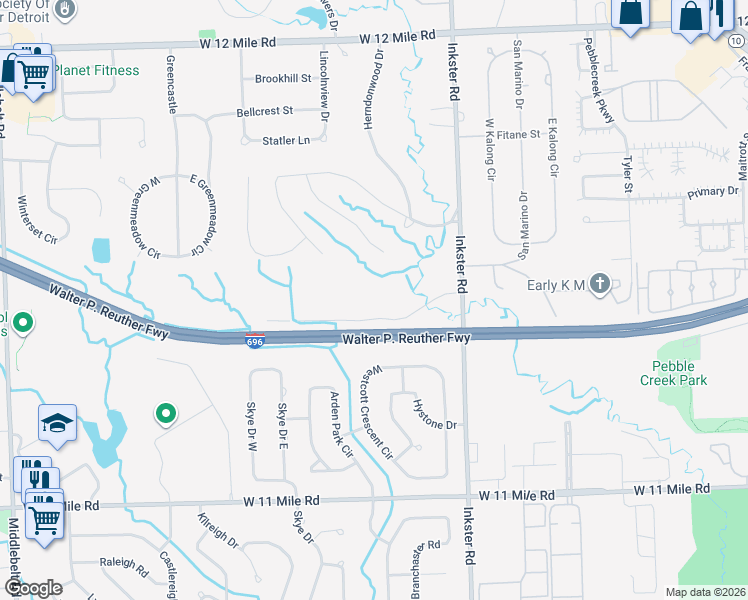 map of restaurants, bars, coffee shops, grocery stores, and more near 27777 Inkster Road in Farmington Hills