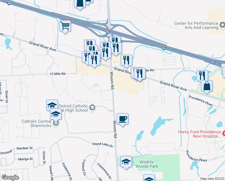 map of restaurants, bars, coffee shops, grocery stores, and more near 26500 Wixom Road in Novi