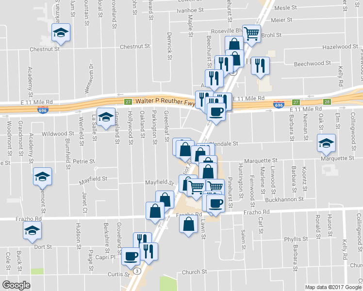 map of restaurants, bars, coffee shops, grocery stores, and more near 17340 Kershaw Street in Roseville