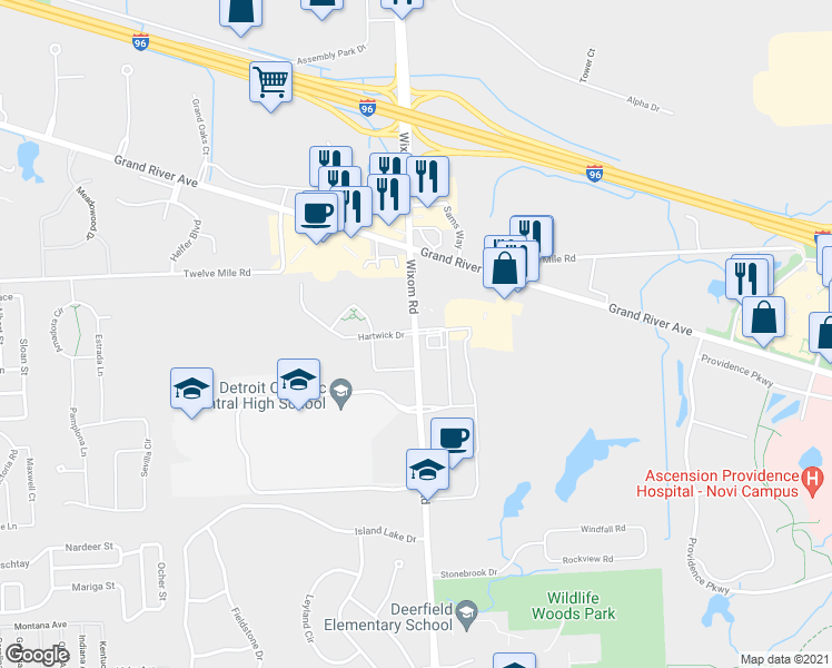 map of restaurants, bars, coffee shops, grocery stores, and more near 26500 Wixom Road in Novi