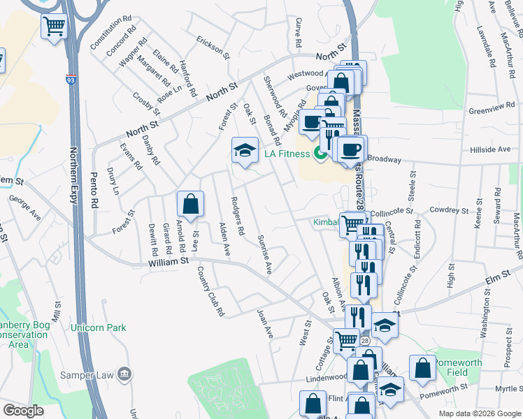 map of restaurants, bars, coffee shops, grocery stores, and more near 9 Oak Ridge Road in Stoneham