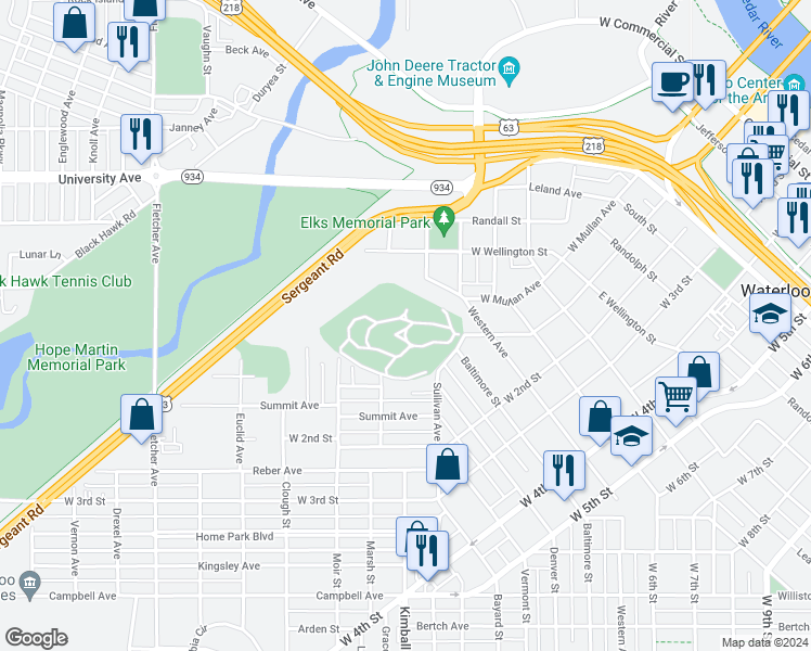 map of restaurants, bars, coffee shops, grocery stores, and more near 226 Elmwood Street in Waterloo