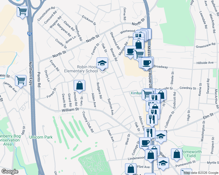 map of restaurants, bars, coffee shops, grocery stores, and more near 9 Oak Ridge Road in Stoneham