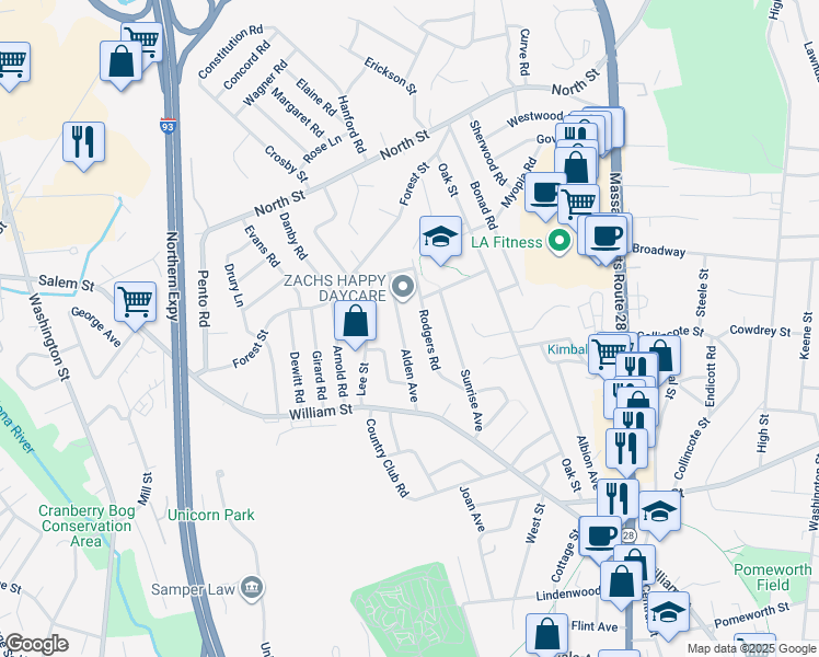 map of restaurants, bars, coffee shops, grocery stores, and more near 23 Alden Avenue in Stoneham