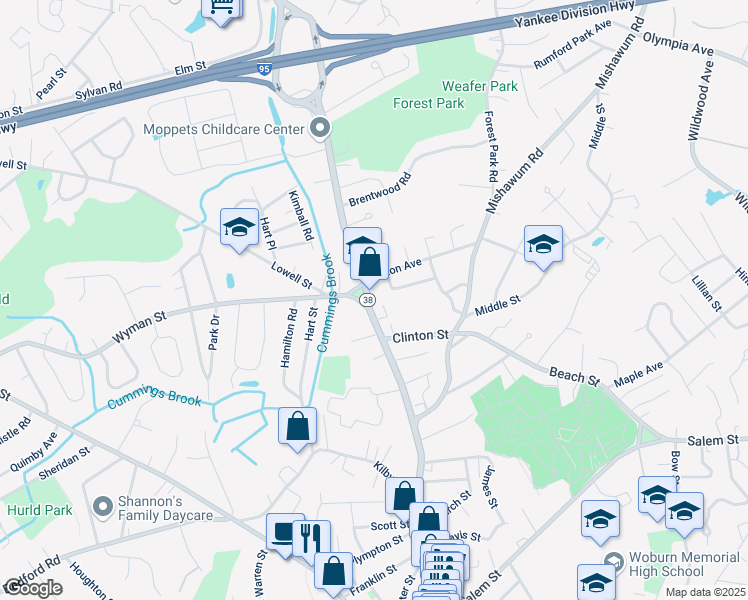 map of restaurants, bars, coffee shops, grocery stores, and more near 675 Massachusetts 38 in Woburn
