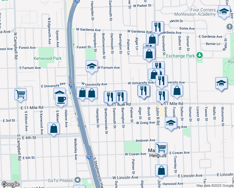 map of restaurants, bars, coffee shops, grocery stores, and more near 27081 Barrington Street in Madison Heights