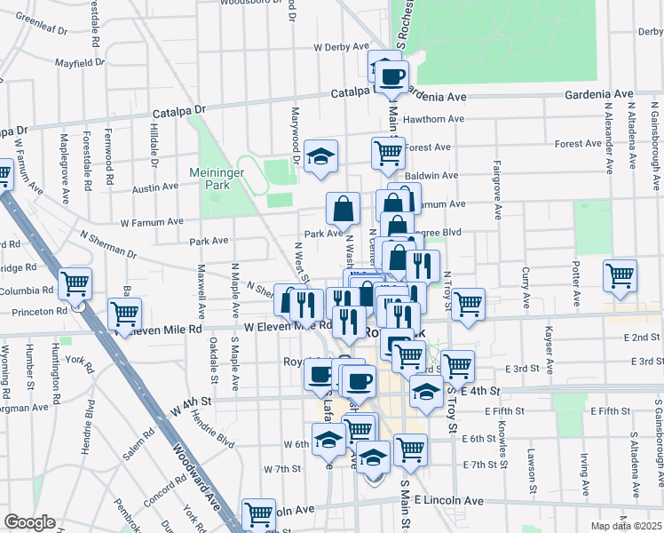 map of restaurants, bars, coffee shops, grocery stores, and more near 406 Oakland Avenue in Royal Oak