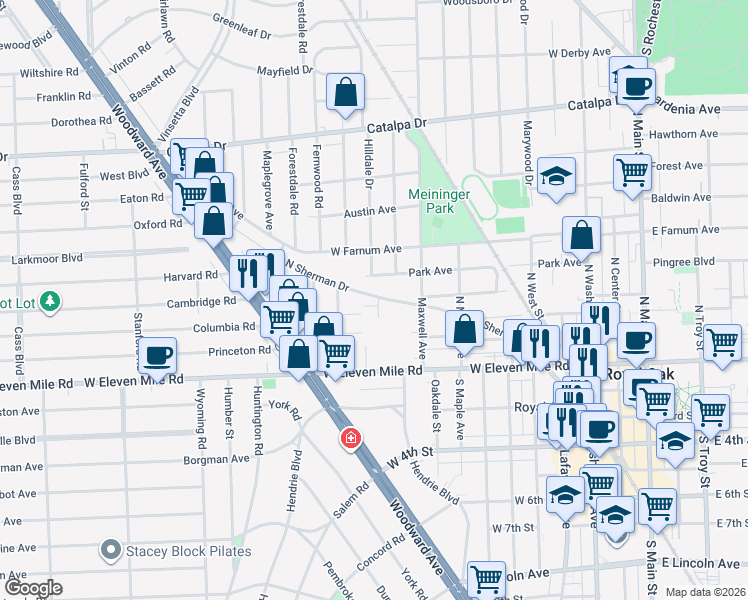 map of restaurants, bars, coffee shops, grocery stores, and more near 1009 Park Avenue in Royal Oak
