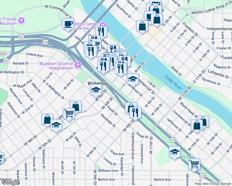 map of restaurants, bars, coffee shops, grocery stores, and more near U.S. 218 in Waterloo