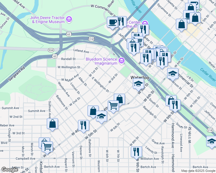 map of restaurants, bars, coffee shops, grocery stores, and more near 731 West 3rd Street in Waterloo