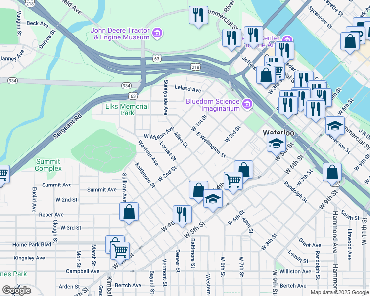 map of restaurants, bars, coffee shops, grocery stores, and more near 219 Allen Street in Waterloo