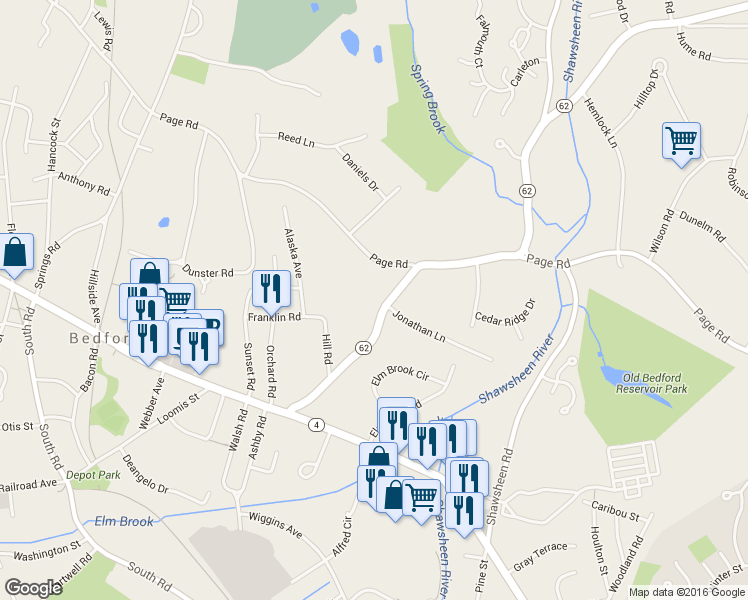 map of restaurants, bars, coffee shops, grocery stores, and more near 32 Brooksbie Road in Bedford