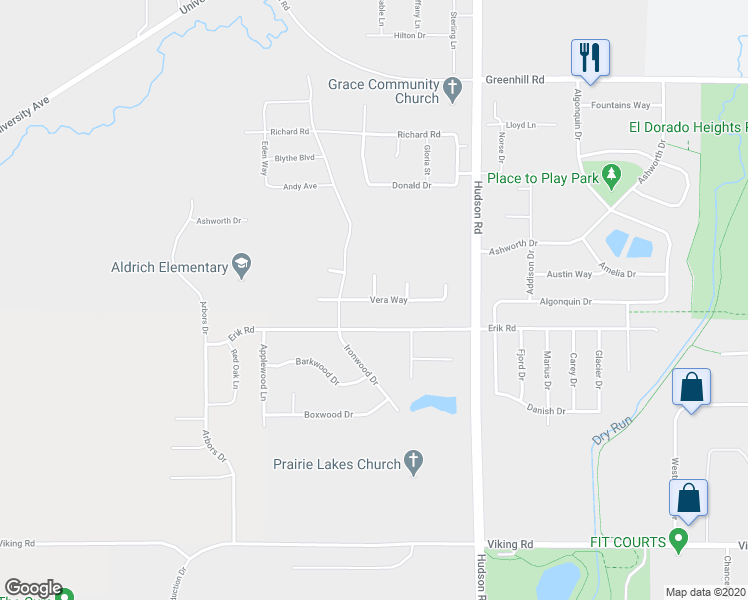 map of restaurants, bars, coffee shops, grocery stores, and more near Vera Way in Cedar Falls