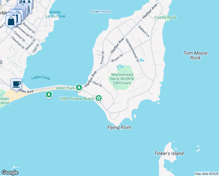 map of restaurants, bars, coffee shops, grocery stores, and more near 16 Flint Street in Marblehead