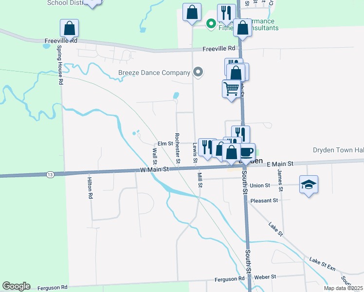 map of restaurants, bars, coffee shops, grocery stores, and more near 12 Rochester Street in Dryden