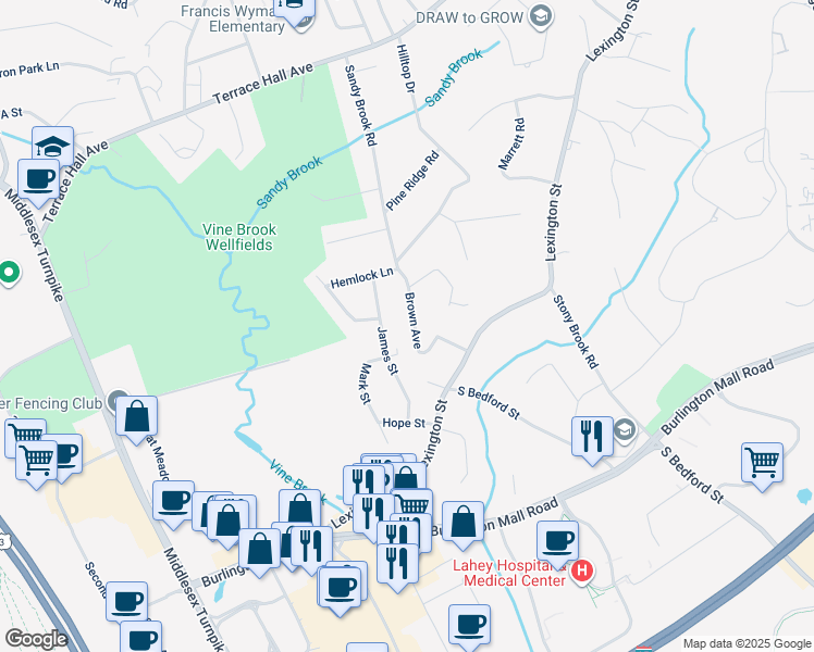 map of restaurants, bars, coffee shops, grocery stores, and more near 16 Brown Ave in Burlington
