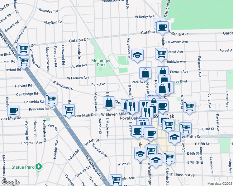 map of restaurants, bars, coffee shops, grocery stores, and more near 613 Florence Avenue in Royal Oak
