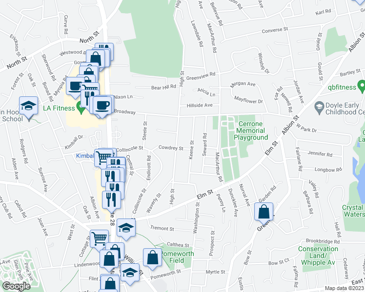 map of restaurants, bars, coffee shops, grocery stores, and more near 3 Cowdrey Street in Stoneham