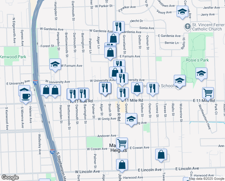 map of restaurants, bars, coffee shops, grocery stores, and more near 27066 Brush Street in Madison Heights