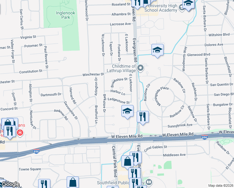 map of restaurants, bars, coffee shops, grocery stores, and more near 20295 Harbor Lane in Southfield