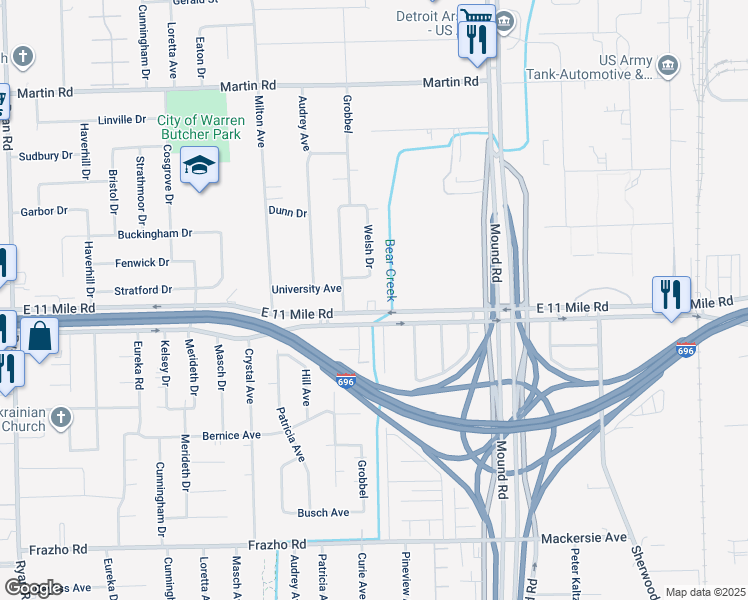 map of restaurants, bars, coffee shops, grocery stores, and more near 5277 East Eleven Mile Road in Warren