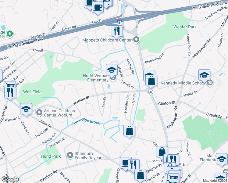map of restaurants, bars, coffee shops, grocery stores, and more near 41 Wyman Street in Woburn