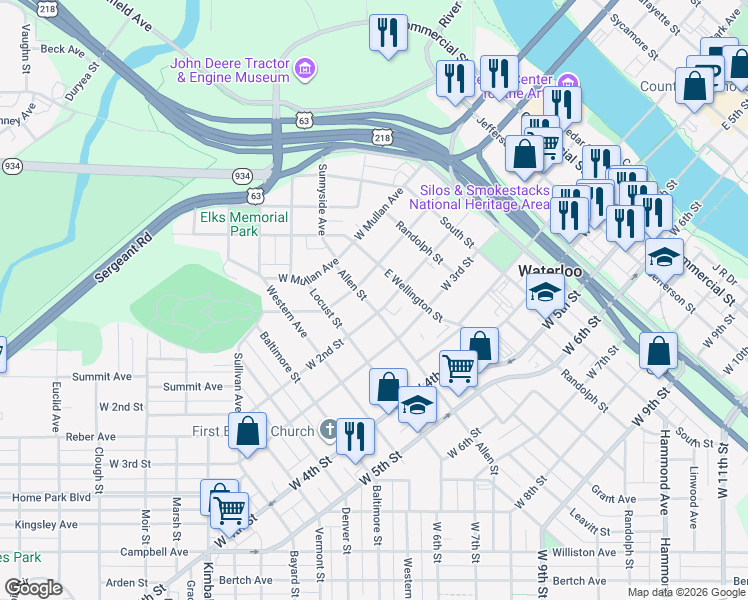 map of restaurants, bars, coffee shops, grocery stores, and more near 219 Allen Street in Waterloo