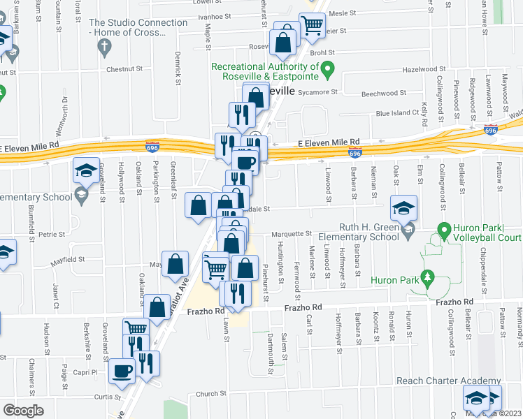 map of restaurants, bars, coffee shops, grocery stores, and more near 17850 Glendale Street in Roseville