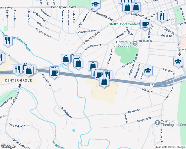 map of restaurants, bars, coffee shops, grocery stores, and more near 2685 Dodge Street in Dubuque