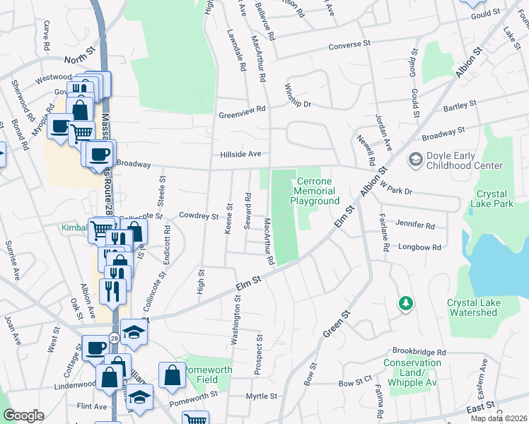 map of restaurants, bars, coffee shops, grocery stores, and more near 40 Macarthur Road in Stoneham
