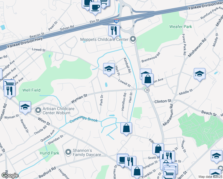 map of restaurants, bars, coffee shops, grocery stores, and more near 43 Wyman Street in Woburn