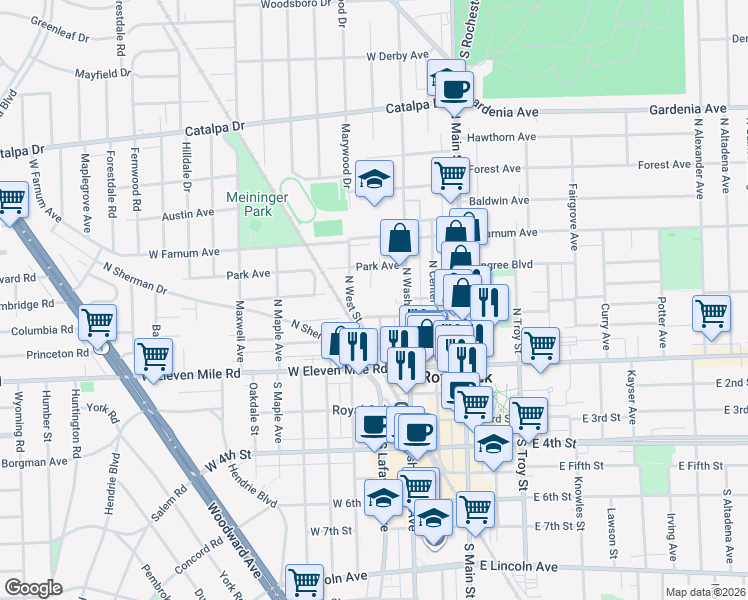 map of restaurants, bars, coffee shops, grocery stores, and more near 406 Oakland Avenue in Royal Oak