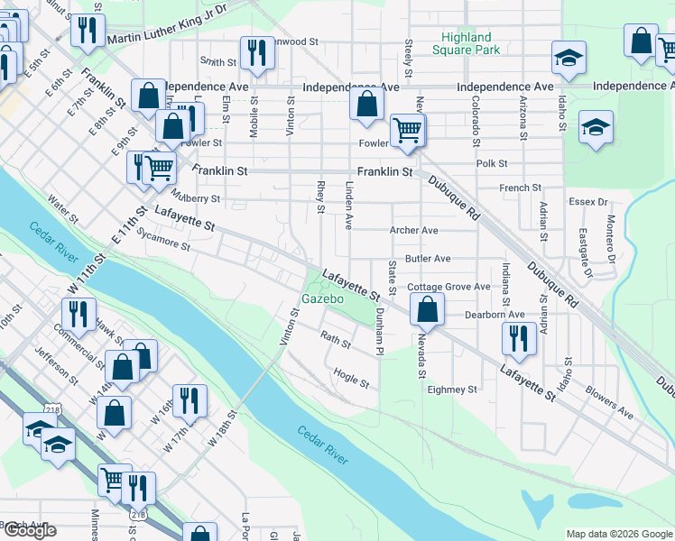 map of restaurants, bars, coffee shops, grocery stores, and more near 1801 Lafayette Street in Waterloo