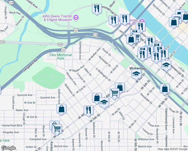 map of restaurants, bars, coffee shops, grocery stores, and more near 219 Allen Street in Waterloo