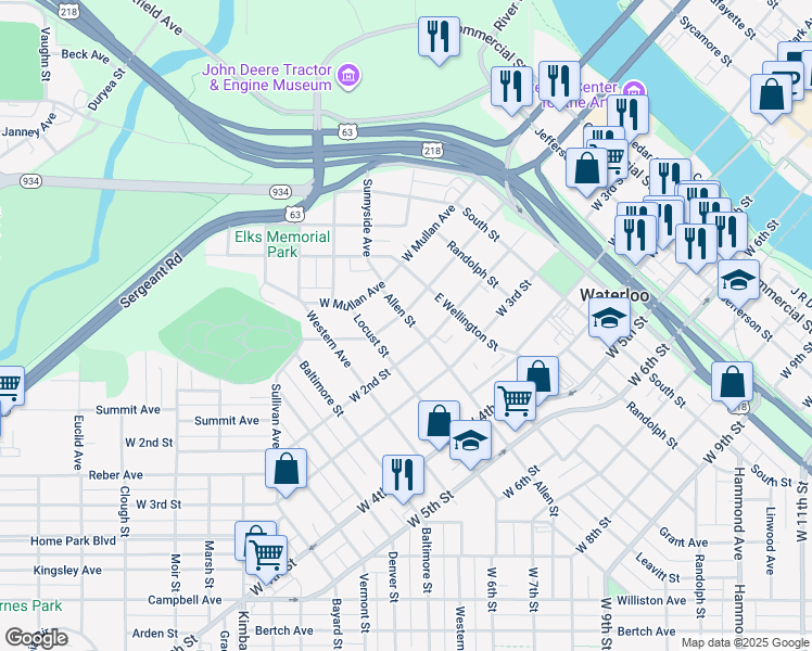 map of restaurants, bars, coffee shops, grocery stores, and more near 219 Allen Street in Waterloo