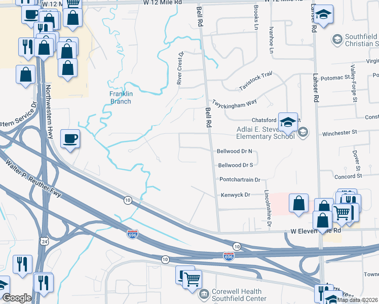 map of restaurants, bars, coffee shops, grocery stores, and more near 23223 Bellwood Drive in Southfield