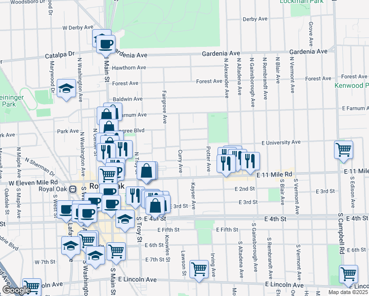 map of restaurants, bars, coffee shops, grocery stores, and more near 302 Curry Avenue in Royal Oak