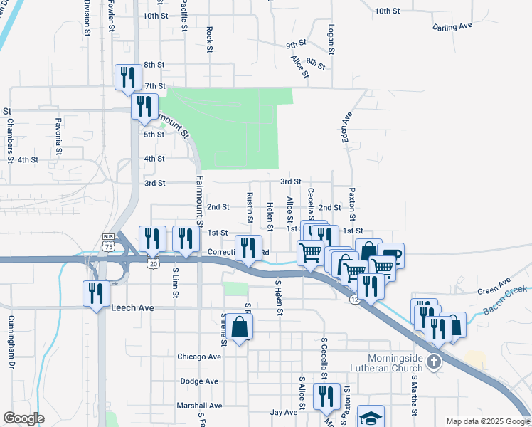 map of restaurants, bars, coffee shops, grocery stores, and more near 117 Helen Street in Sioux City
