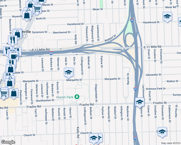 map of restaurants, bars, coffee shops, grocery stores, and more near 26550 Belleair Street in Roseville