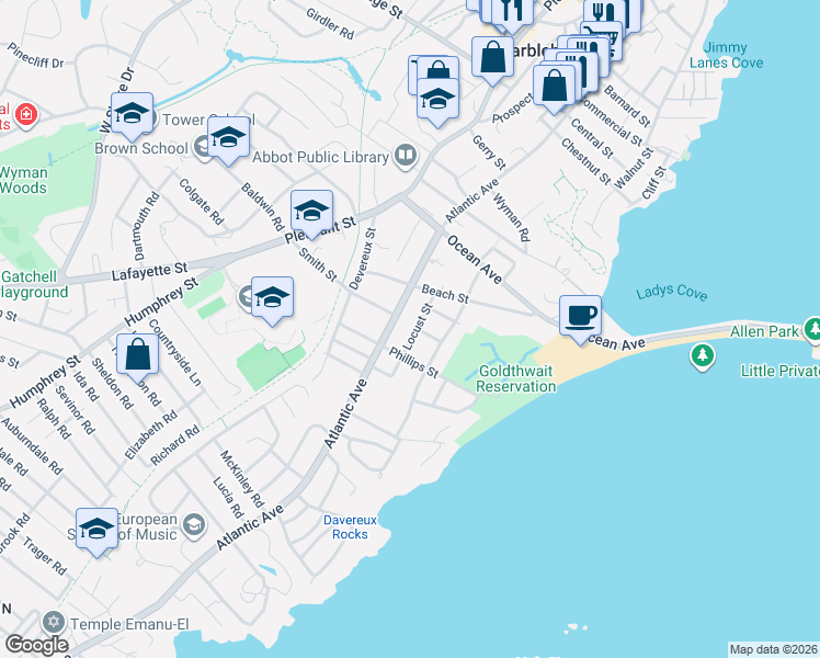 map of restaurants, bars, coffee shops, grocery stores, and more near 17 Locust Street in Marblehead