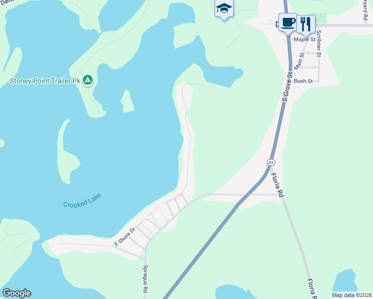 map of restaurants, bars, coffee shops, grocery stores, and more near 11070 East Shore Drive in Delton